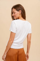 Ivory Lettuce Edge Short Sleeve Ribbed Wrap T-Shirt