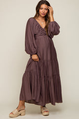 Brown Smocked Front Cutout Tiered Maternity Maxi Dress