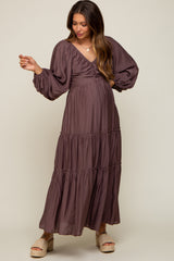 Brown Smocked Front Cutout Tiered Maternity Maxi Dress