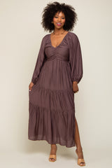 Brown Smocked Front Cutout Tiered Maternity Maxi Dress