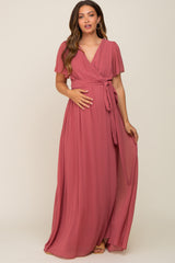 Mauve Chiffon Short Sleeve Wrap V-Neck Front Slit Maternity Maxi Dress