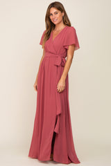 Mauve Chiffon Short Sleeve Wrap V-Neck Front Slit Maternity Maxi Dress