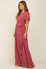 Mauve Chiffon Short Sleeve Wrap V-Neck Front Slit Maxi Dress