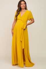 Yellow Chiffon Short Sleeve Wrap V-Neck Front Slit Maternity Maxi Dress