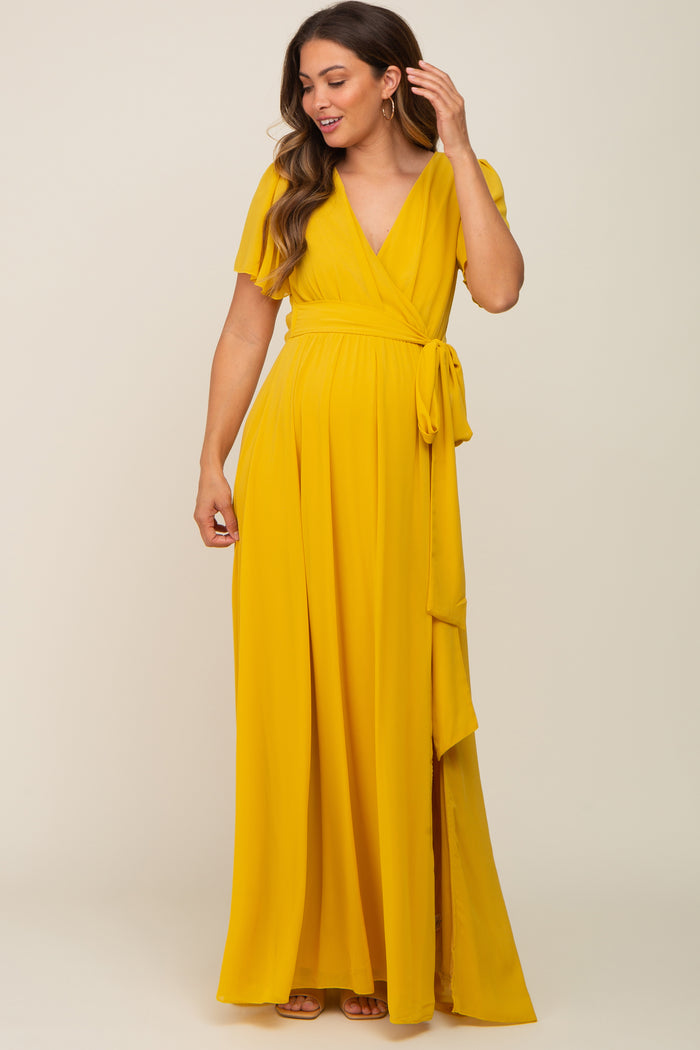 Yellow Chiffon Short Sleeve Wrap V-Neck Front Slit Maternity Maxi Dress