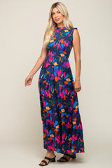 Multi-Color Print Smocked Ruffle Mock Neck Tiered Maxi Dress