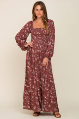 Burgundy Floral Smocked Side Slit Maternity Dress