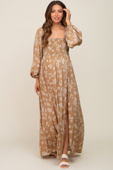 Camel Floral Smocked Side Slit Maternity Dress