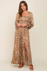 Camel Floral Smocked Side Slit Maternity Dress