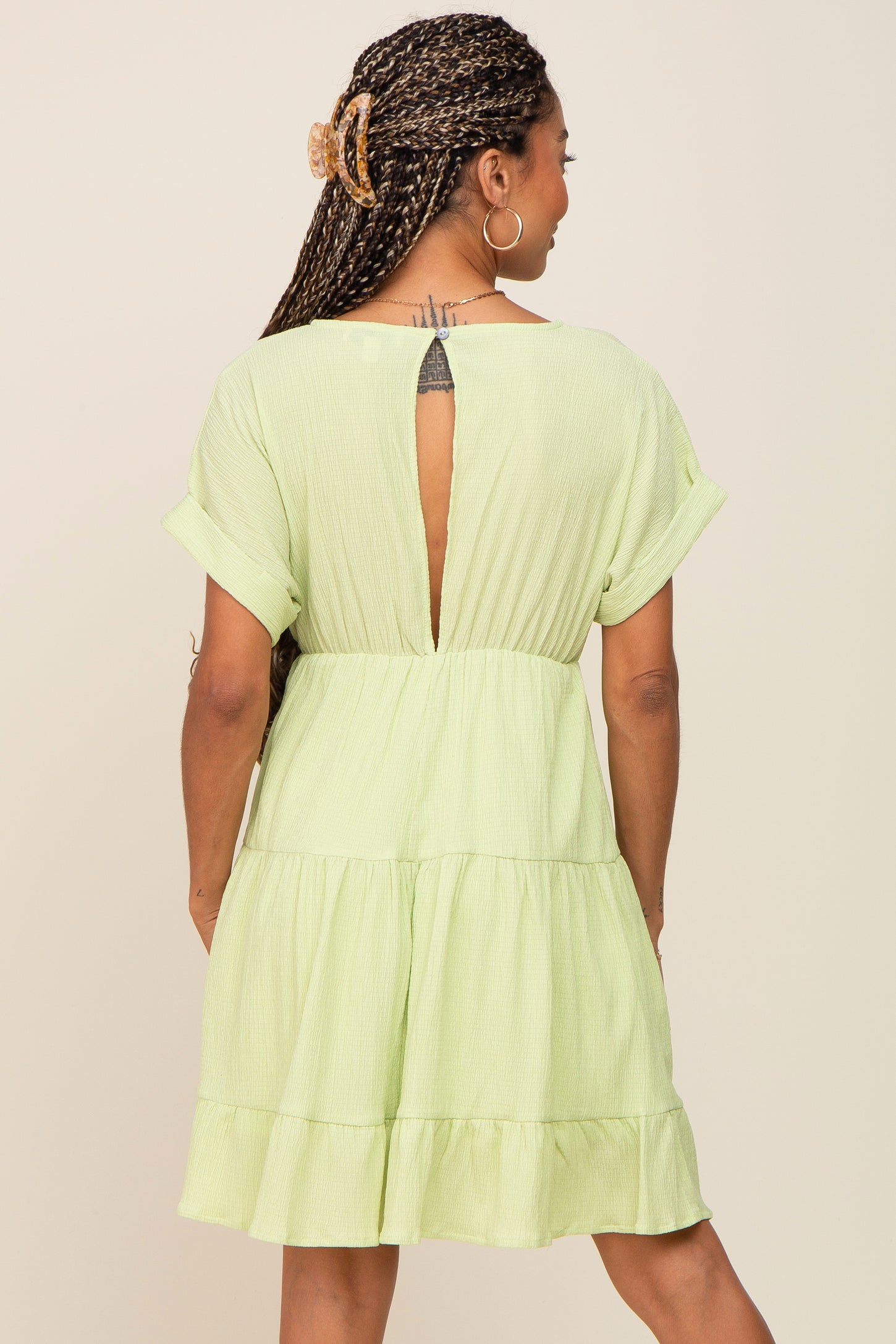 Lime V-Neck Tiered Cutout Back Dress