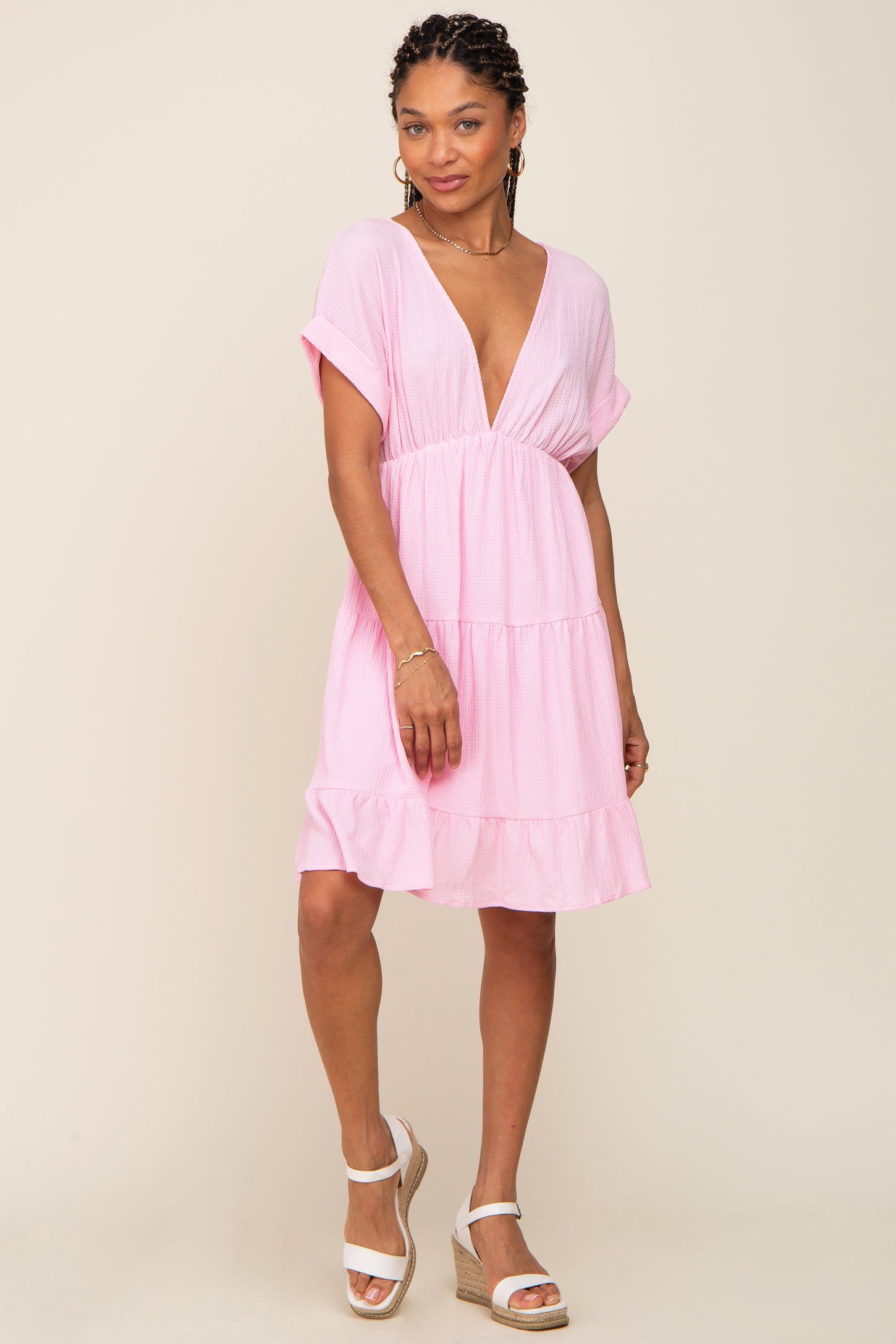 Pink V-Neck Tiered Cutout Back Dress