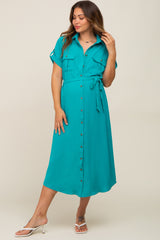 Emerald Green Button Up Front Pocket Maternity Midi Dress