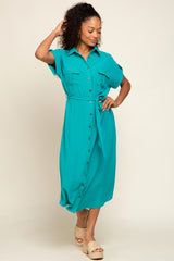 Emerald Green Button Up Front Pocket Maternity Midi Dress