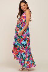 Royal Blue Floral Hi-Lo Maternity Wrap Maxi Dress