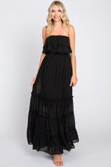 Black Chiffon Strapless Ruffle Tiered Maternity Maxi Dress