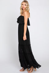 Black Chiffon Strapless Ruffle Tiered Maxi Dress