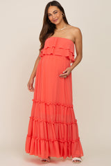 Coral Chiffon Strapless Ruffle Tiered Maternity Maxi Dress
