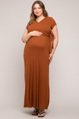 Rust Ribbed Wrapped Front V-Neck Maternity Plus Maxi Dress