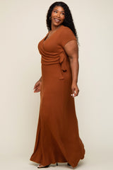 Rust Rubbed Wrapped Front V-Neck Plus Maxi Dress