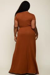 Rust Rubbed Wrapped Front V-Neck Plus Maxi Dress