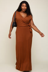 Rust Rubbed Wrapped Front V-Neck Plus Maxi Dress