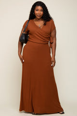 Rust Ribbed Wrapped Front V-Neck Maternity Plus Maxi Dress