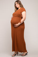 Rust Ribbed Wrapped Front V-Neck Maternity Plus Maxi Dress