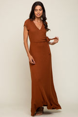 Rust Ribbed Wrapped Front V-Neck Maxi Dress