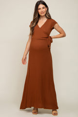 Rust Ribbed Wrapped Front V-Neck Maternity Maxi Dress