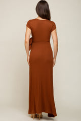 Rust Ribbed Wrapped Front V-Neck Maternity Maxi Dress