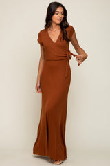 Rust Ribbed Wrapped Front V-Neck Maxi Dress