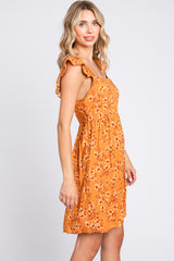 Camel Leaf Print Ruffle Accent Dress