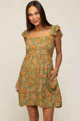 Olive Leaf Print Ruffle Accent Maternity Dress