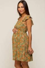 Olive Leaf Print Ruffle Accent Maternity Dress