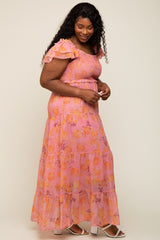 Pink Floral Ruffle Tiered Plus Maxi Dress