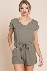 Olive Soft French Terry Romper With Pockets