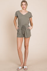 Olive Soft French Terry Romper With Pockets