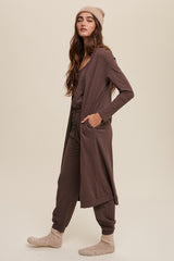 Mocha Cotton Jumpsuit And Long Cardigan Knit Set