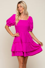 Magenta Puff Sleeve Ruffle Accent Maternity Dress