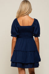 Navy Puff Sleeve Ruffle Accent Maternity Dress