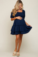 Navy Puff Sleeve Ruffle Accent Maternity Dress