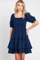 Navy Puff Sleeve Ruffle Accent Maternity Dress