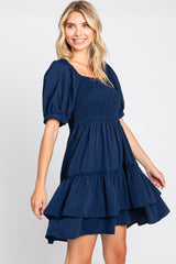 Navy Puff Sleeve Ruffle Accent Dress