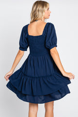 Navy Puff Sleeve Ruffle Accent Dress