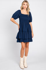 Navy Puff Sleeve Ruffle Accent Dress