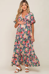 Black Multi-Color Floral Ruffle Maternity Maxi Dress