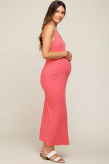 Coral Ribbed Sleeveless Maternity Maxi Dress