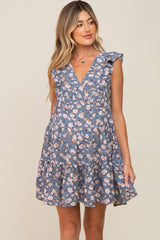 Blue Floral Ruffle Accent Tiered Maternity Dress