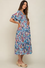 Blue Floral Shimmer Chiffon Ruffle Square Neck Smocked Maternity Midi Dress