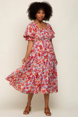 Red Floral Shimmer Chiffon Ruffle Square Neck Smocked Midi Dress